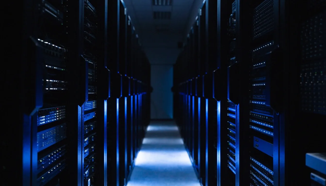 A server rack aisle lit by cool blue light with warm glow at the far end
