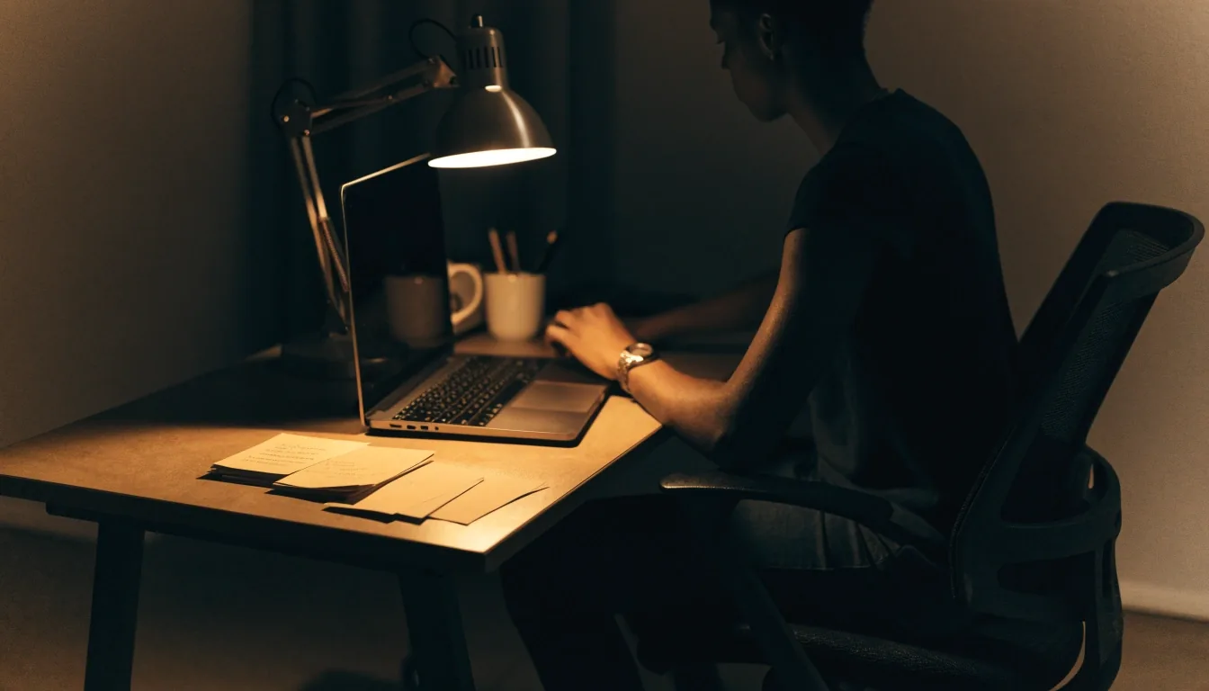 A night study desk lit by a single lamp, laptop turned away from the camera