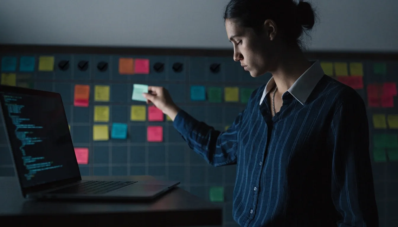 A developer working at a build station at night with an out-of-focus screen and a task board