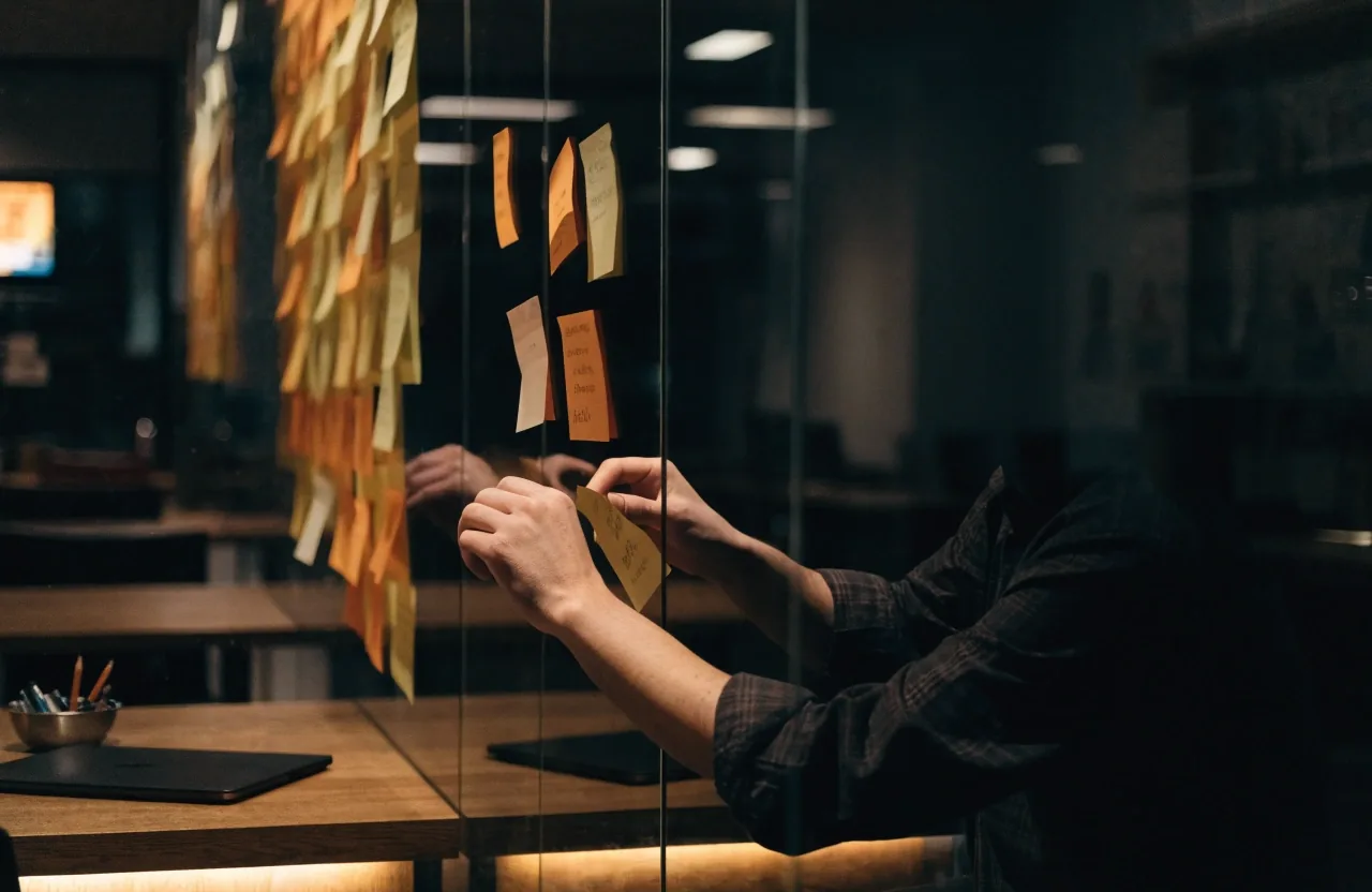 Hands moving sticky notes between two columns on a wall while planning a course sequence