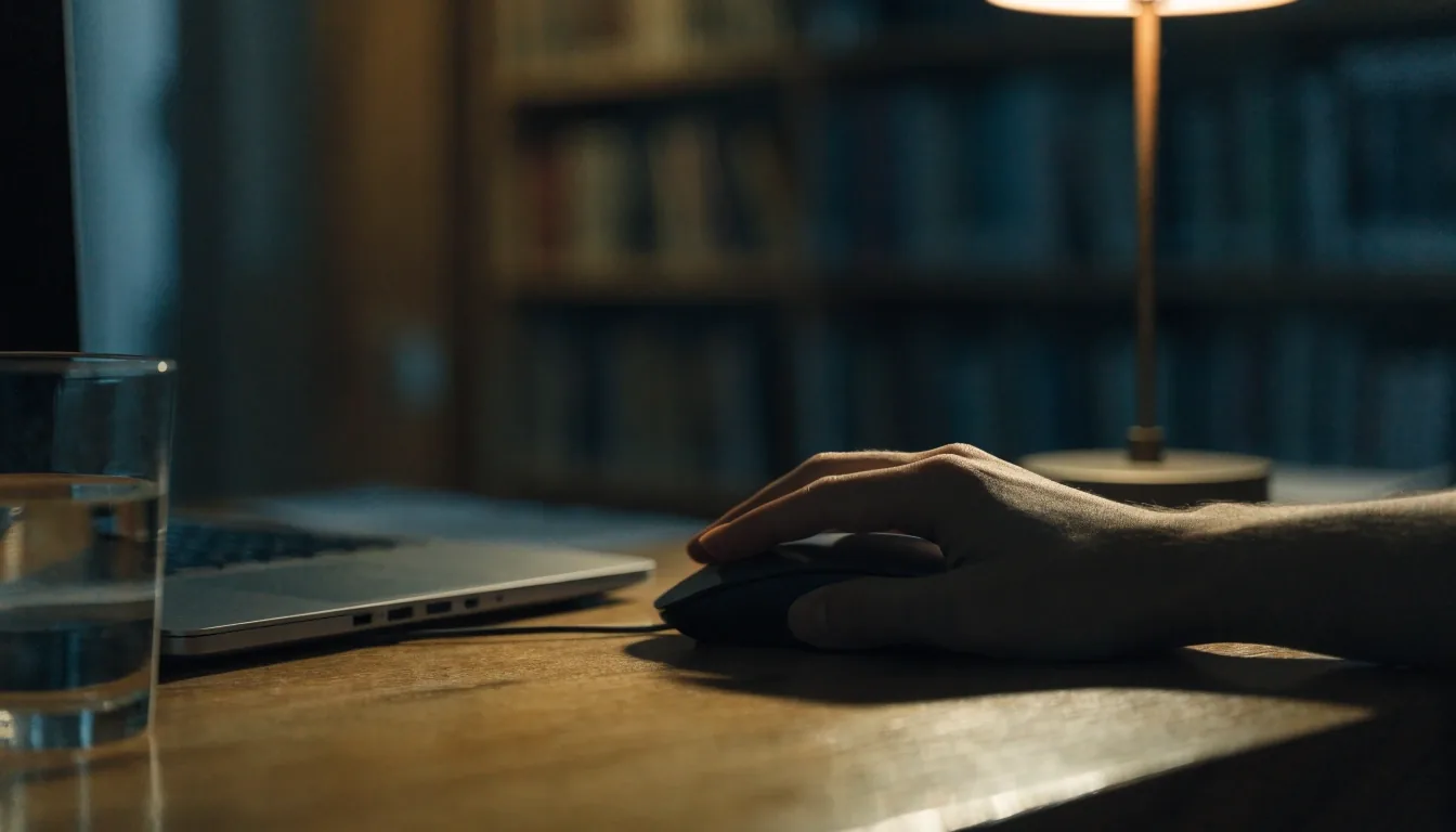 A laptop and mug on a desk under a single warm lamp at night