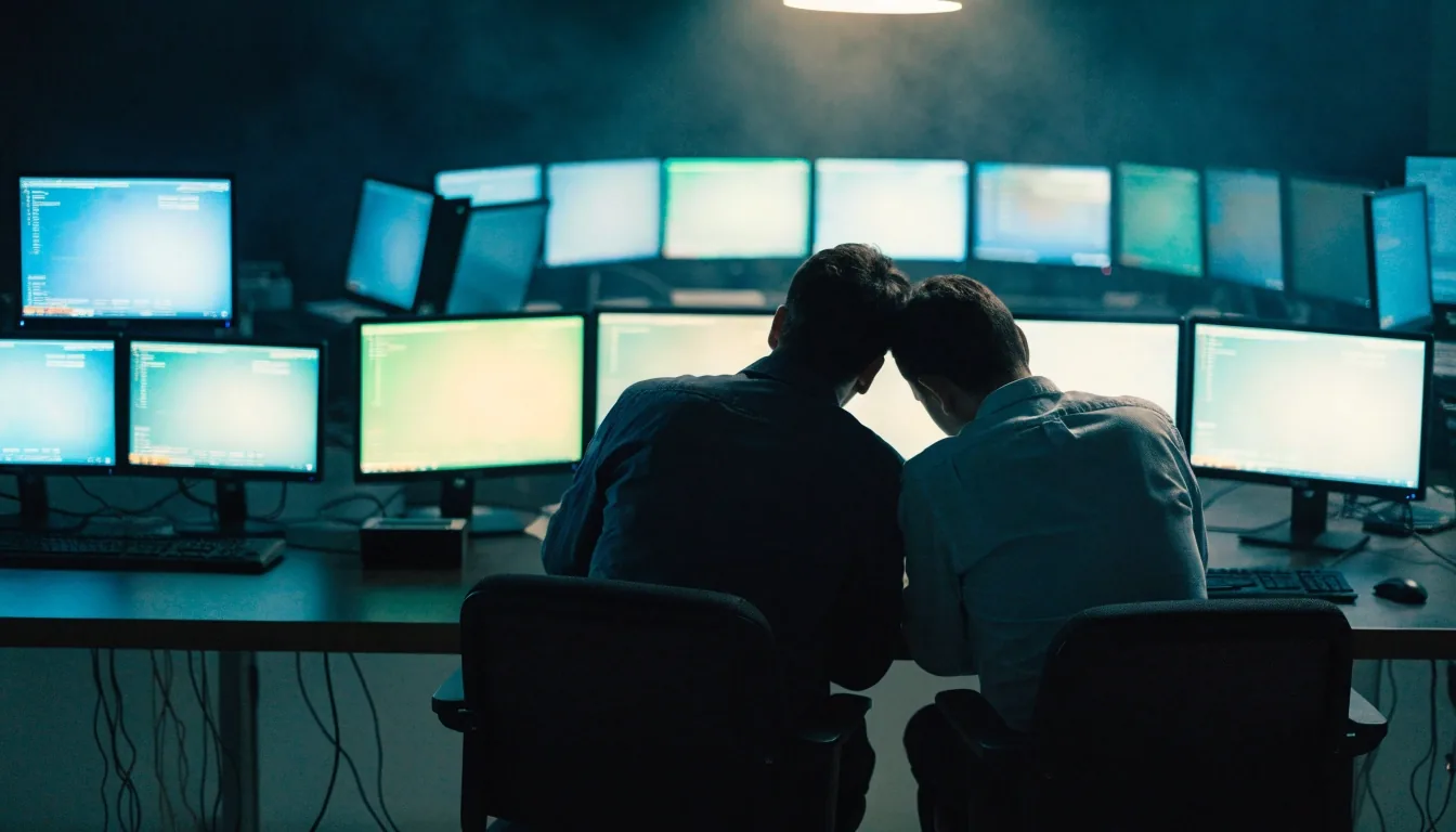 Analysts at a long desk in a night operations room, screens glowing out of focus