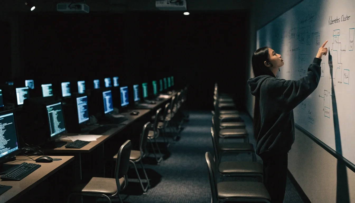 An empty lecture hall back row at night with one silhouette seated