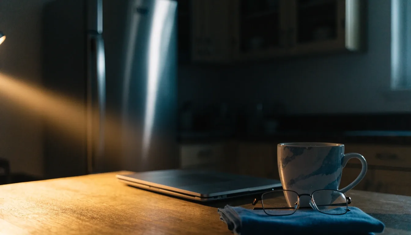 A laptop, coffee cup, and reading glasses on a kitchen table at night